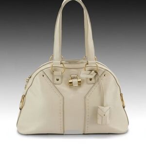 Yves Saint Laurent Domed Muse Handbag in Ivory Calfskin Leather
